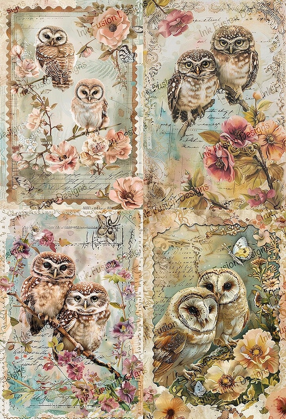 Owl Art Paper: Whimsical Spring Floral Collage (4 Images)