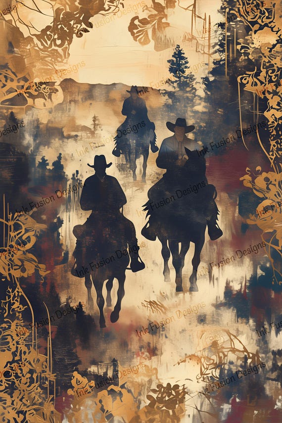 Cowboy Silhouette Art Paper: Sepia Western Landscape, Golden Filigree