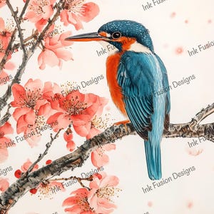 May include: Watercolor painting of a kingfisher bird perched on a branch with pink blossoms. The bird has blue, orange, and white feathers. The background is a soft white with scattered pink accents.