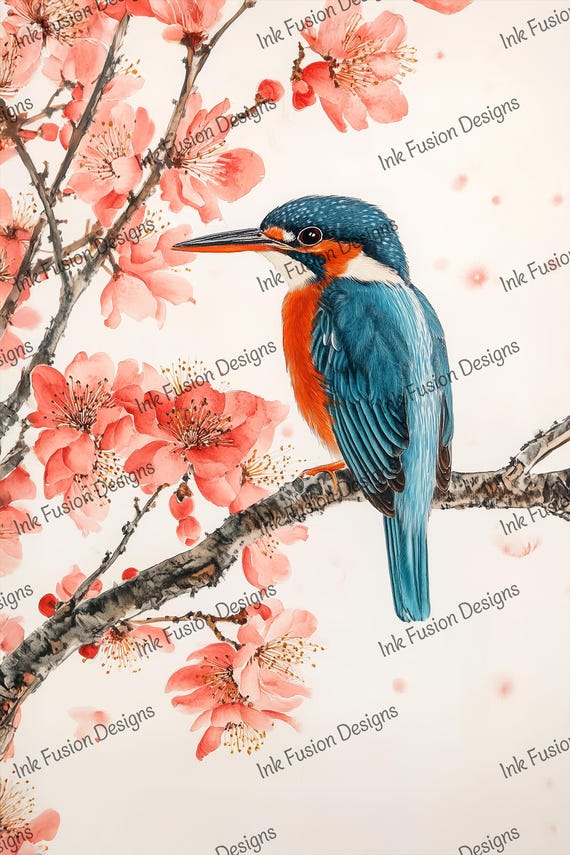 Kingfisher & Cherry Blossom Art Paper: Botanical Illustration for Decoupage