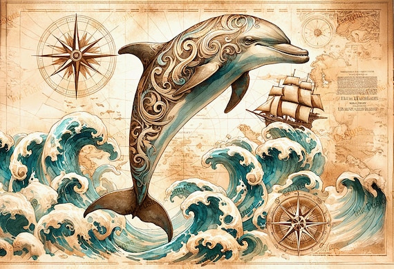 Dell the Dolphin Art Paper: Vintage Nautical Map Print
