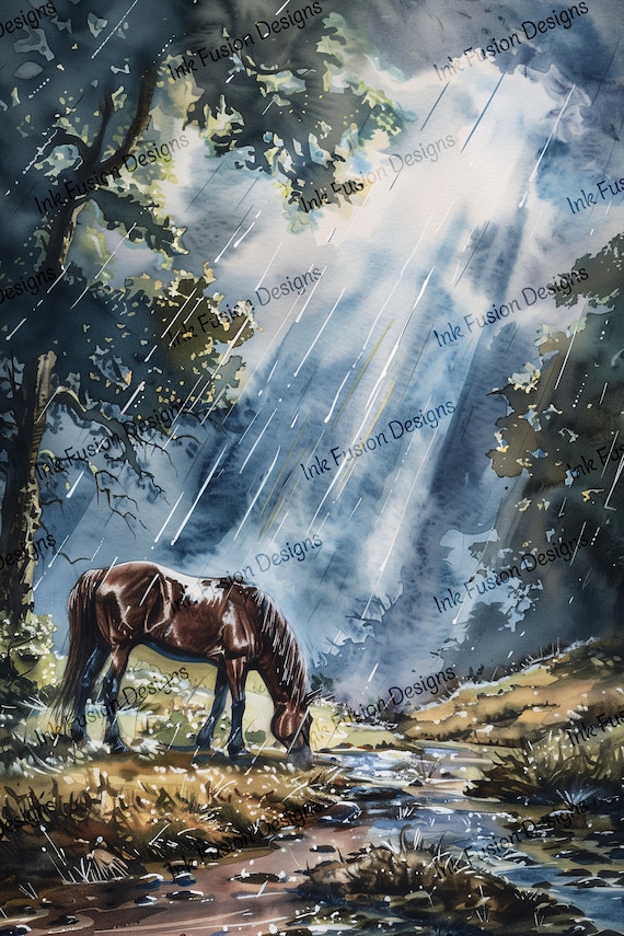 Horse Art Print: Moody Rain Forest Stream - Decoupage Paper