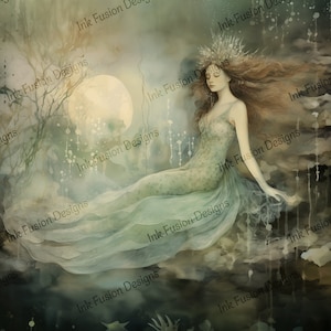 Sirena / Papel decorativo / Sirena a la luz de la luna / Alta calidad / Opciones de papel y tamaño
