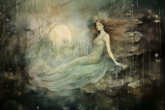 Mermaid Art Print: Sirena in Moonlight, Watercolor Fantasy Paper