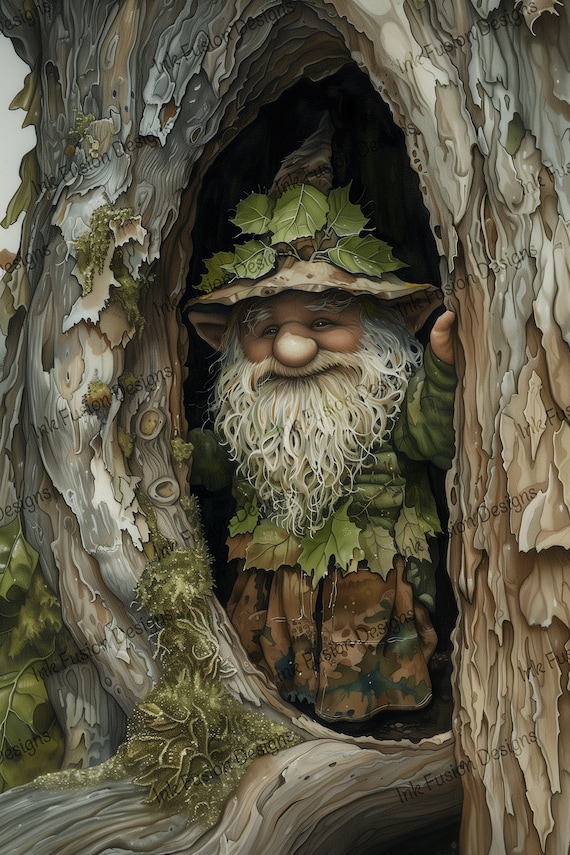 Forest Gnome Art Print: Cheery Tree Gnome, Woodland Decor