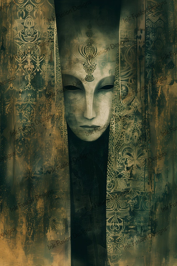 Venetian Mask Art Print: Dark Mystery, Ornate Decoupage Paper
