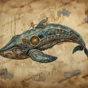 以下が含まれることがあります： スチームパンク風のクジラのイラスト。ティールとゴールドの複雑な機械的ディテールが特徴です。クジラは歯車、リベット、時計仕掛けのデザインで、Ink Fusion Designsのテキストが入ったセピア色の背景に配置されています。