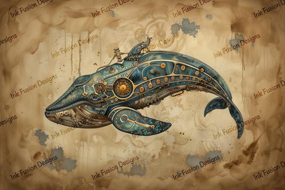 Deepsea Steampunk Whale - Mechanical Whale Illustration, Industrial Ocean Fantasy Art