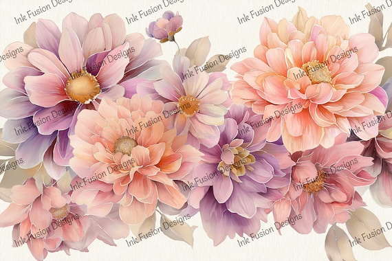 Floral Decoupage Paper: Peach, Lavender, Coral Flowers