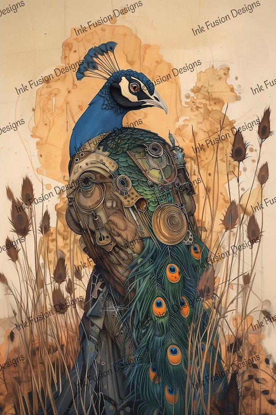 Steampunk Peacock Art Print: Mechanical Bird, Fantasy Decor