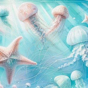 Balletto delle meduse / Carta decorativa / Tranquilla bellezza dell'oceano / Alta qualità / Opzioni di carta e dimensioni