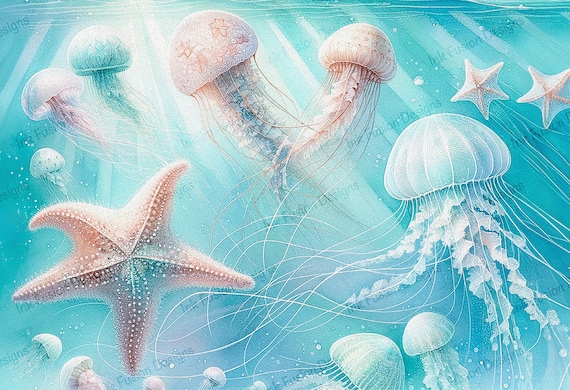 Jellyfish Watercolor Art Print: Tranquil Ocean Seascape
