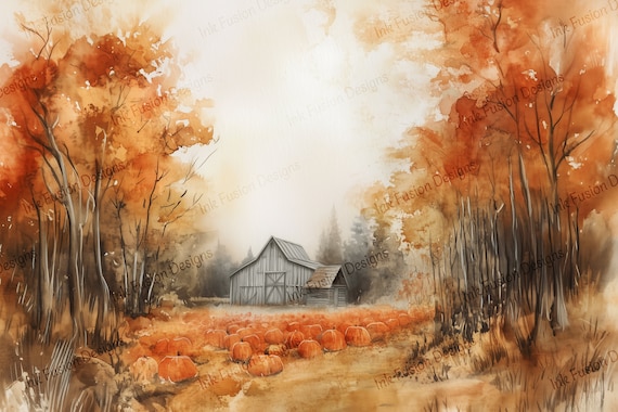 Fall Barn and Pumpkins Watercolor Art Print: Rustic Farm Landscape