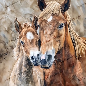 Famille à l'état sauvage | Papier d'art décoratif | Douce jument et son poulain | Haute qualité | Plusieurs options de papier et de format disponibles.