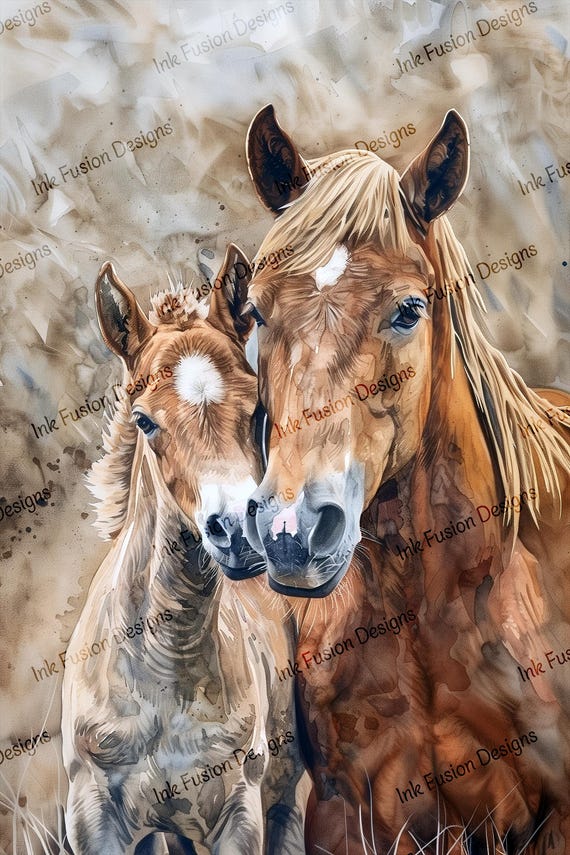 Watercolor Mare and Foal Art Print: Rustic Western Decor Paper
