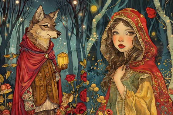 Red Riding Hood Art Paper: Enchanted Forest Wolf Maiden Print