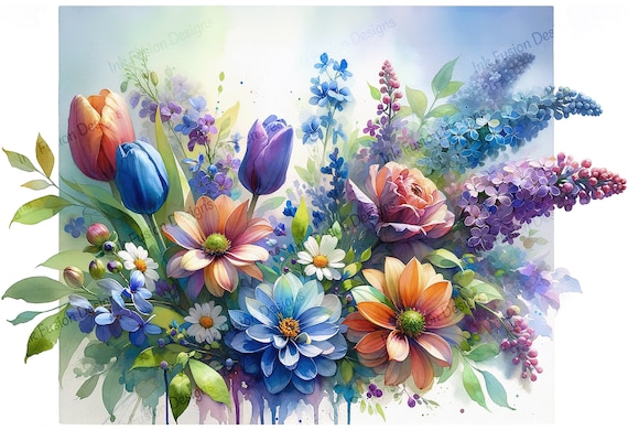 Floral Symphony Art Paper: Tulips, Hydrangeas, Watercolor