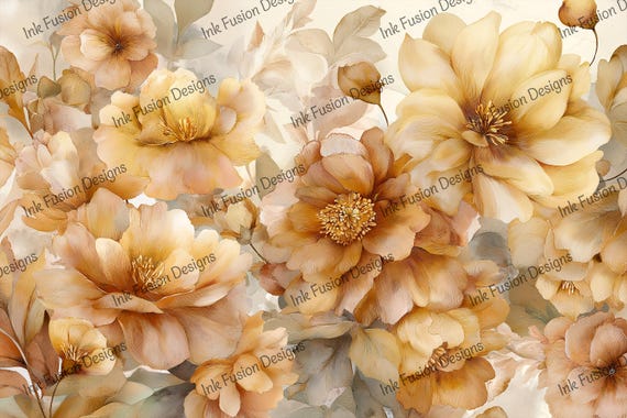 Golden Floral Decoupage Paper: Vintage Meadow Blooms