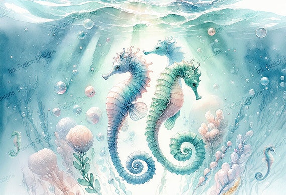 Seahorse Watercolor Art Print | Marine Decoupage Paper