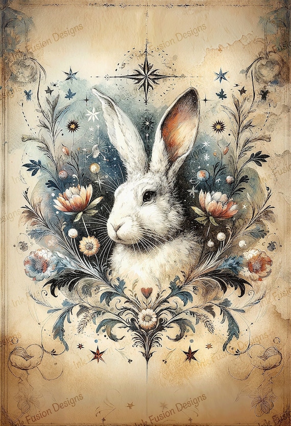 Celestial Rabbit Art Print: Whimsical Floral Marquis