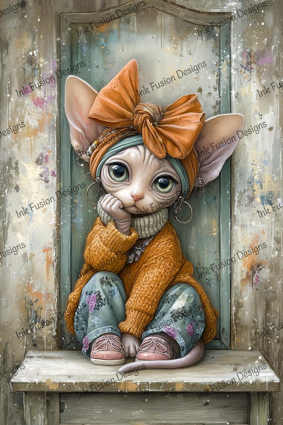 Sphynx Cat Art Print – Storybook Nursery Decor, Shabby Chic Style