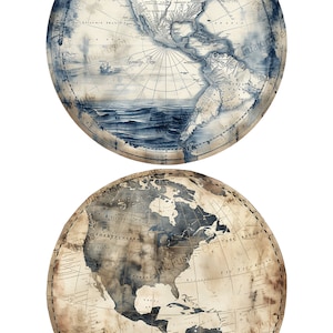 Antike Entdecker - Globen - 2 Bilder 1 Bogen | Dekoratives Kunst Papier | Vintage Welt Halbkugeln | Hohe Qualität | Papier- und Größenoptionen