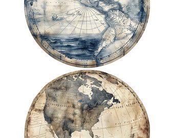 Impression de globes terrestres vintage : papier d'art Hémisphères d'anciens explorateurs