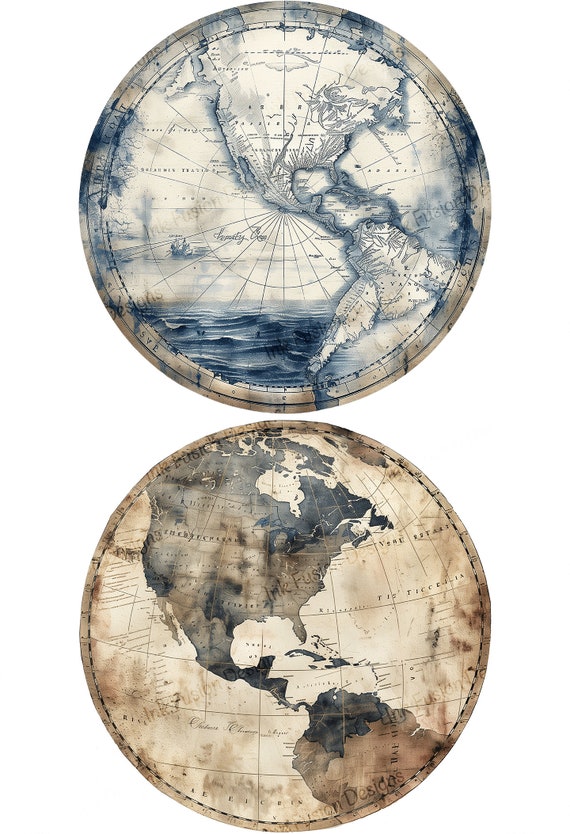 Vintage World Globe Print: Ancient Explorer Hemispheres Art Paper