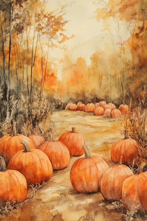 Watercolor Pumpkin Harvest Art Print: Autumn Landscape Paper