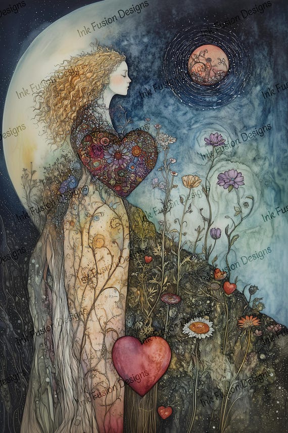 Woman in Moonlight Art Print: Ethereal Watercolor, Floral Heart Decor