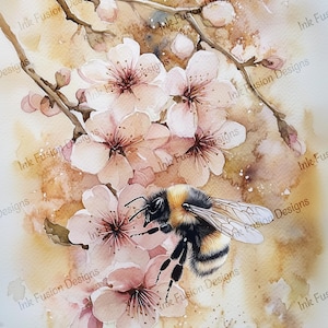 Abee de bij | Decoratief kunstpapier | Bij met kersenbloesem | Hoge kwaliteit | Meerdere papier- en formaatopties beschikbaar.