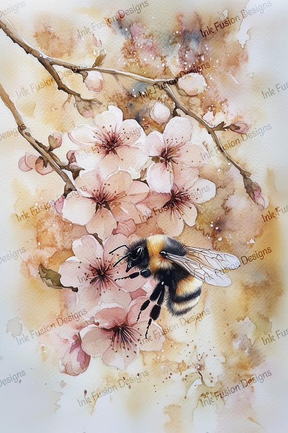 Bee and Cherry Blossom Art Print: Vintage-Inspired Floral Paper