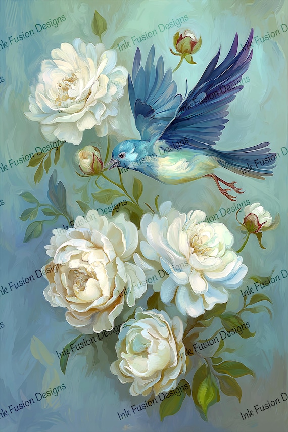 Bluebird & White Peonies Art Paper: Vintage Botanical Print for Decoupage