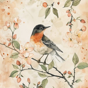 Roodborstje aquarel | Decoratief kunstpapier | Roodborstje omringd door bloesems | Hoge kwaliteit | Papier- en formaatopties