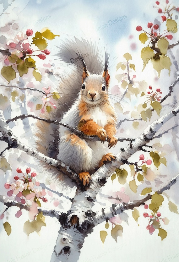 Squirrel Watercolor Art Print: Spring Birch Blossoms