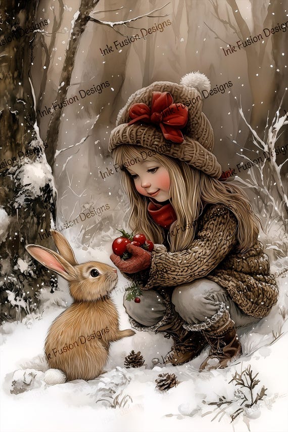 Woodland Girl and Bunny Art Print | Winter Christmas Decor