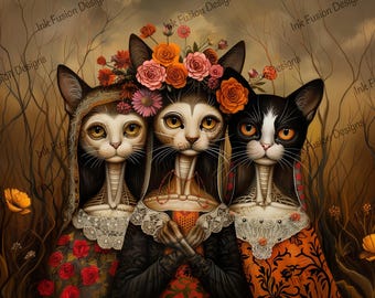 Könnte beinhalten: Eine künstlerische Illustration zeigt drei anthropomorphe Katzen mit Blumenkränzen und aufwendiger Kleidung. Die Katzen haben skelettartige Merkmale und sind vor einem gedämpften, herbstlichen Hintergrund mit kahlen Ästen und Blumen platziert.