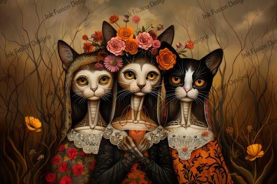 Floral Gothic Felines Art Print | Whimsical Cottagecore Cat Trio