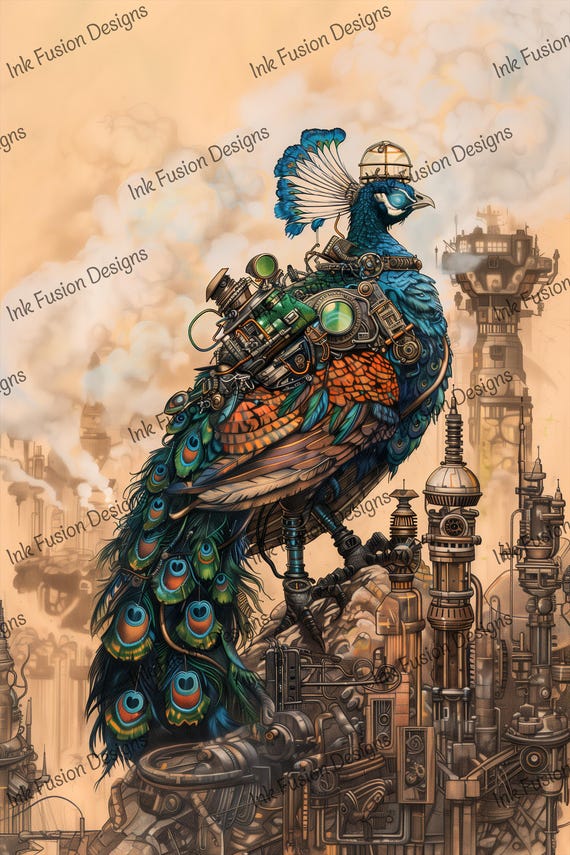 Steampunk Peacock Art Print: Vintage-Industrial Bird Decor