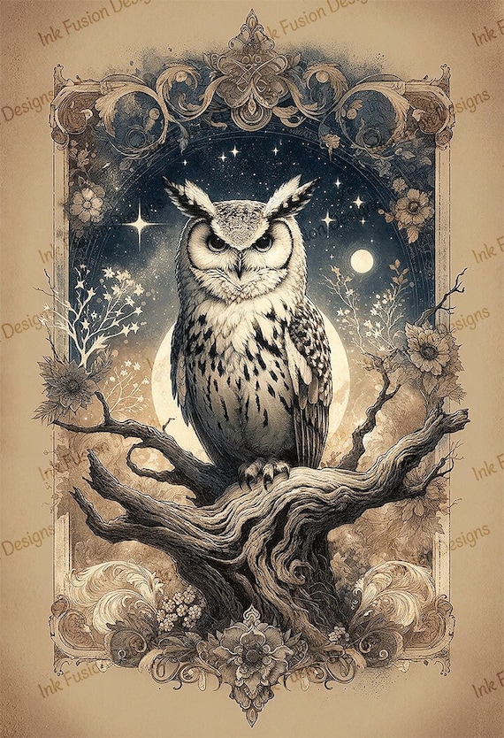 Celestial Owl Art Print: Vintage Floral Moon & Stars
