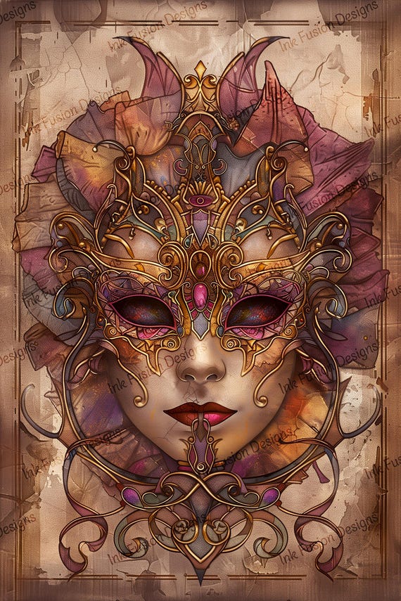 Mystical Mardi Gras Mask Art Print: Golden Filigree Decorative Paper