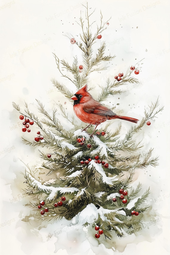 Cardinal Winter Pine Art Paper: Holiday Craft Décor