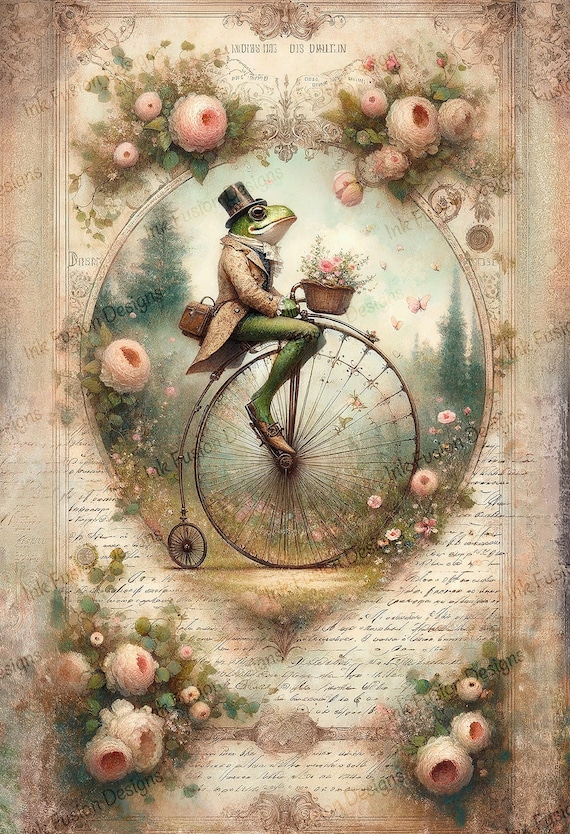 Whimsical Frog Art Print: Victorian Penny-Farthing, Floral Botanical