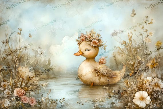 Buttercup Duckling Art Paper: Floral Crown, Watercolor Print