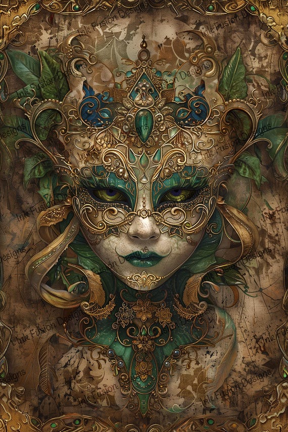Gilded Forest Masquerade Mask Art Paper: Verdant Enchantress Print