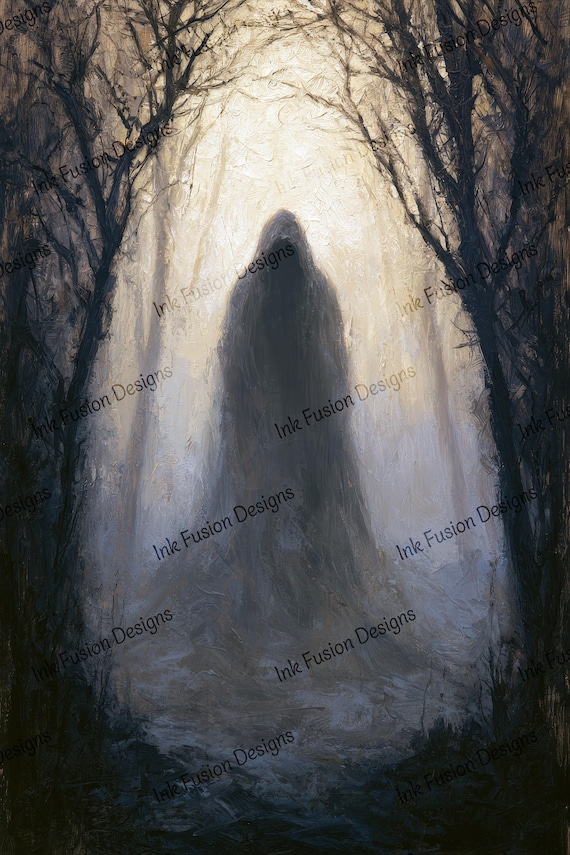 The Hollow Veil — Dark Fantasy Ghost Art Print with Misty Forest Wall Decor Style