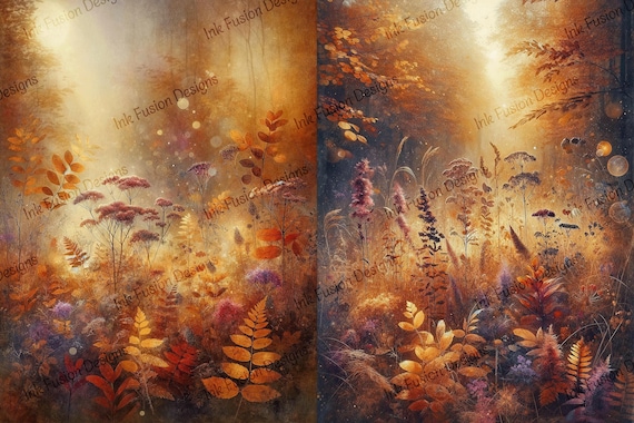 Autumn Forest Art Print: Golden Light, Wildflowers, Ferns