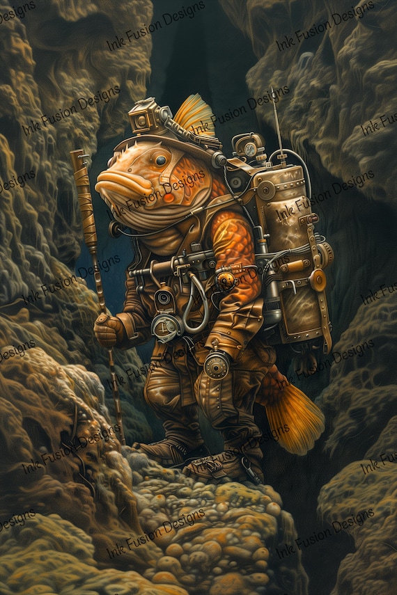 Steampunk Carp Art Print: Deep Sea Sentinel, Fish Explorer