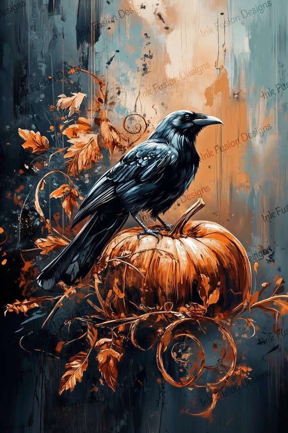 Raven and Pumpkin Art Print: Autumn Grunge Style