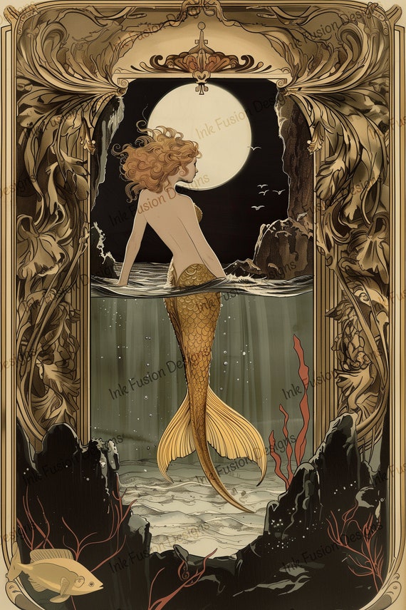 Art Nouveau Mermaid Print: Luxora, Moonlit Fantasy Art Paper